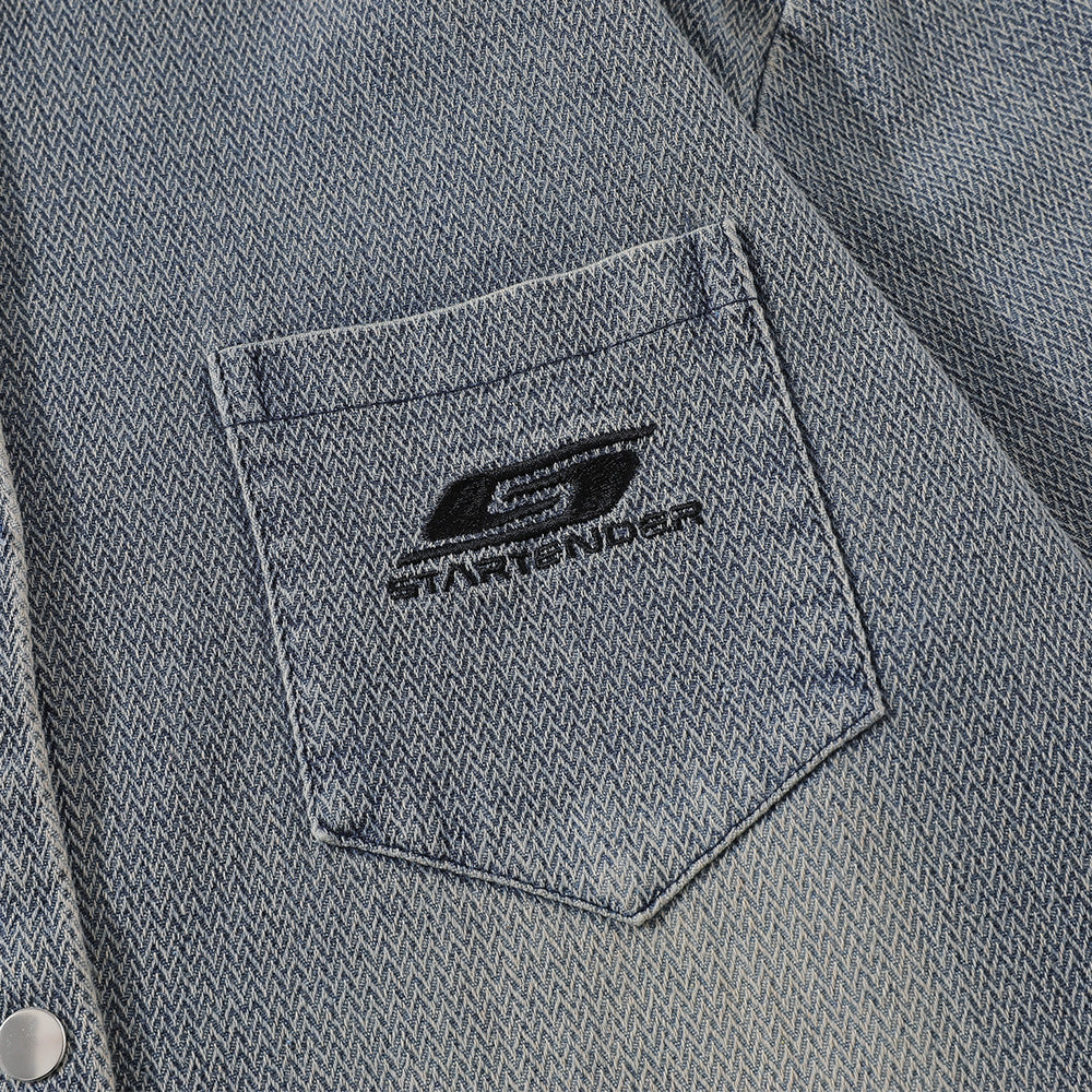 Washed And Worn Brushed White Denim Shirt Street Fashion Punk Men