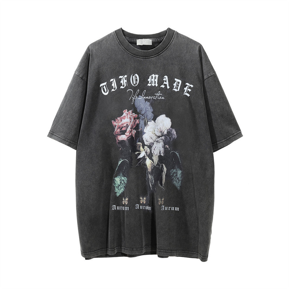 Flower Print Distressed Washed T-shirt For Men