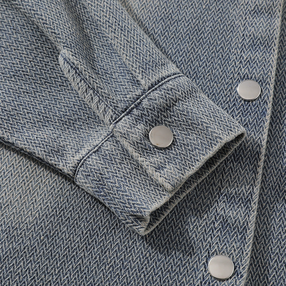 Washed And Worn Brushed White Denim Shirt Street Fashion Punk Men