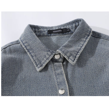 Washed And Worn Brushed White Denim Shirt Street Fashion Punk Men