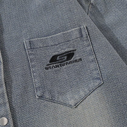 Washed And Worn Brushed White Denim Shirt Street Fashion Punk Men