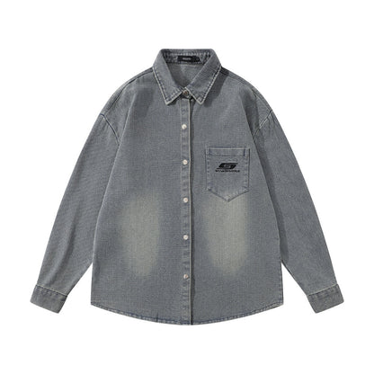 Washed And Worn Brushed White Denim Shirt Street Fashion Punk Men