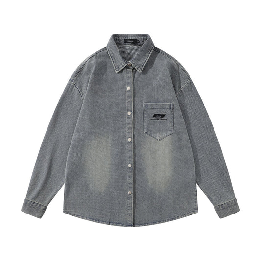 Washed And Worn Brushed White Denim Shirt Street Fashion Punk Men