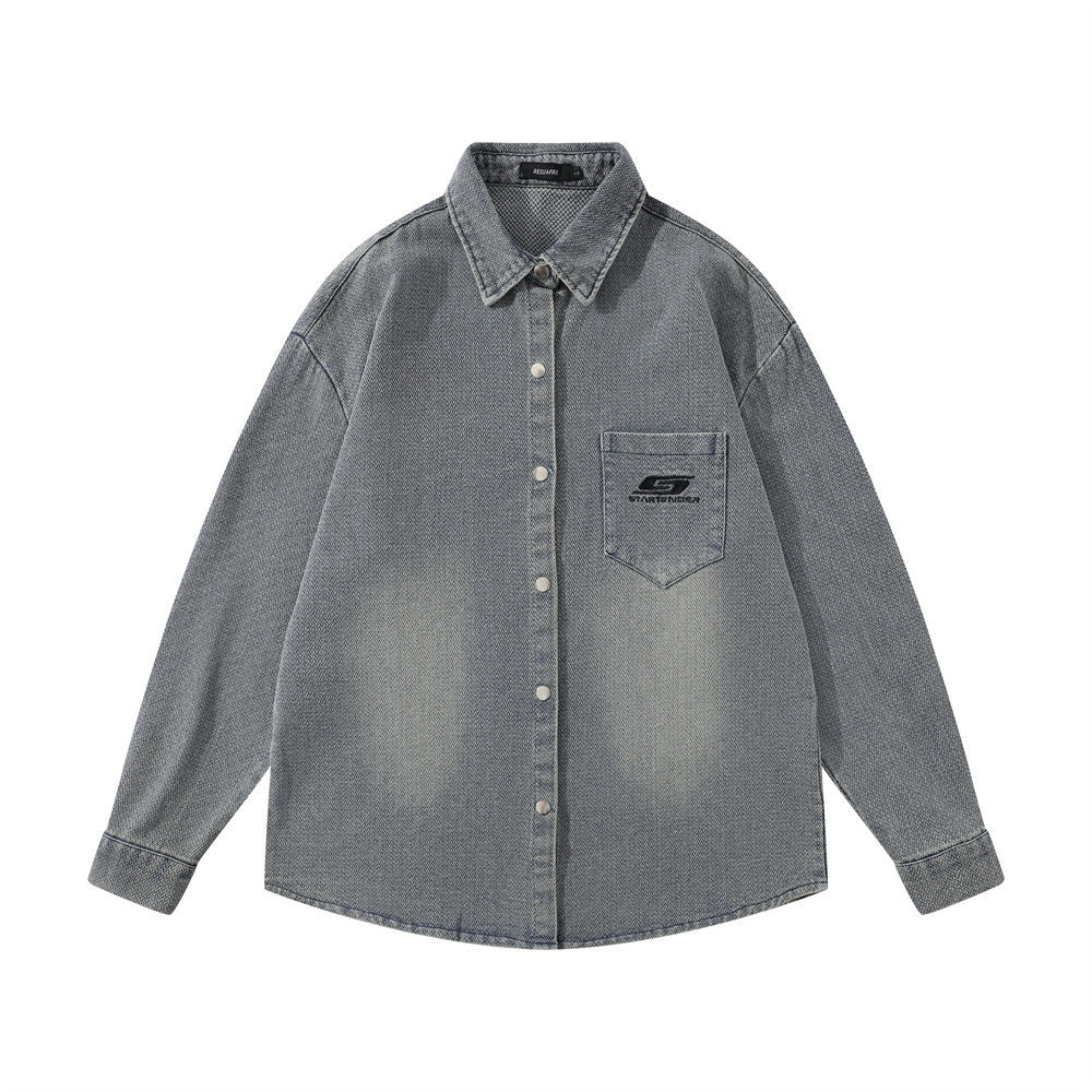 Washed And Worn Brushed White Denim Shirt Street Fashion Punk Men