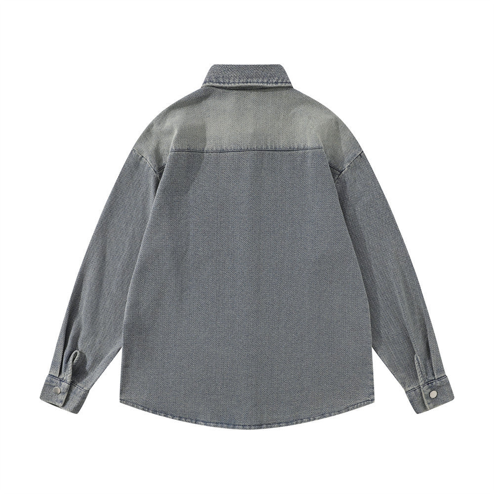 Washed And Worn Brushed White Denim Shirt Street Fashion Punk Men