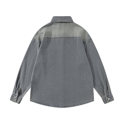 Washed And Worn Brushed White Denim Shirt Street Fashion Punk Men