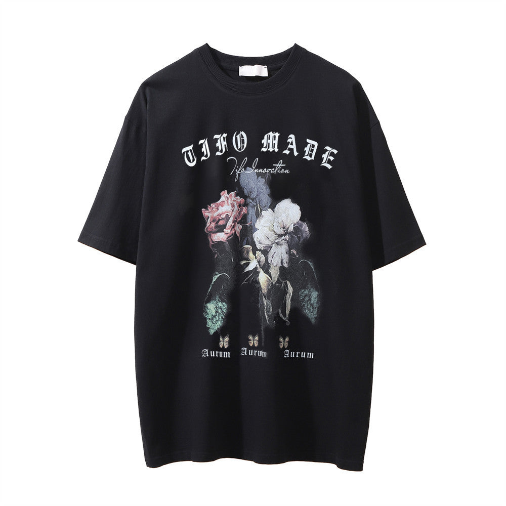 Flower Print Distressed Washed T-shirt For Men