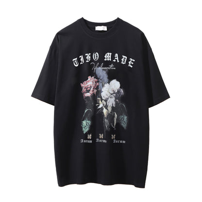 Flower Print Distressed Washed T-shirt For Men