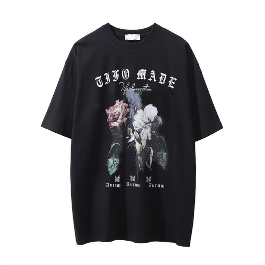 Flower Print Distressed Washed T-shirt For Men